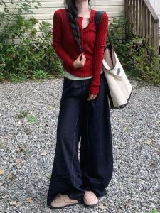 หลวม Fit High เอว ขากว้าง เดนิม กางเกง ผู้หญิง ฤดูใบไม้ร่วง ฤดูหนาว สไตล์ใหม่สีเข้มย้อนยุค หลวม พรางหุ่น ความยาวพื้น กางเกงยีนส์