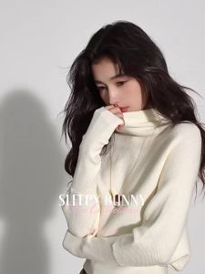 Versatile Casual Batwing Sleeve Stand Collar Waist-Cinching Design White Knitted Top for Spring