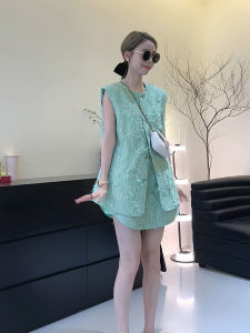 NANNI French Vintage Green Sleeveless Vest Skirt Womens High-End Set Summer New Two-Piece Cotton Blend Fashion Ensemble
