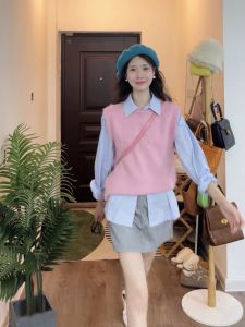 Spring Autumn 2025 New Womens Fashion Set Vest Shirt Tea System Two Piece Set Age Reduction Meat Covering Casual Style Polyester