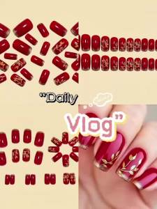 Medium fake nails for women girls New Year red square ballet nail tips golden leaf pink flowers design press on false nail art