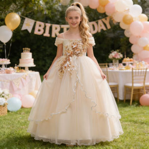 Elegant Flower Bridemaids Girls Party Dress Christmas Costume Tulle Bow Birthday Princess Dresses For Kids Wedding Prom Clothing