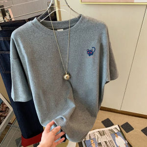 Áo Thun Cotton Dày Màu Xám Bạc Màu Tay Ngắn Cho Nữ Thời Trang Đa Năng Cổ Tròn in Họa Tiết Mùa Thu Đông