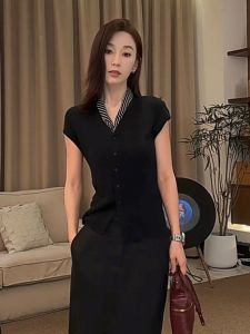 Black V-neck Short-sleeved Womens Versatile Knitted Sweater Lightweight Summer New Style Korean Elegant Open Cardigan Top