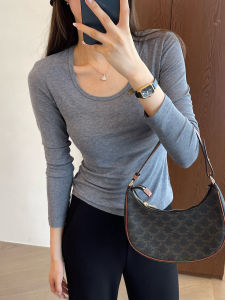 เสื้อยืดคอวีแขนยาวผ้าอะซิเตทลินินเนื้อนุ่มระบายอากาศได้ดี เสื้อชั้นในทรงสลิมฟิตสำหรับฤดูใบไม้ร่วง เสื้อยืดพื้นฐานสำหรับผู้หญิง