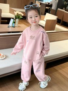 แขนยาวเด็กผู้หญิง ลำลอง ชุดสองชิ้น ผ้าฝ้าย เสื้อสเว็ตเชิ้ต กางเกงวอร์ม คอลเลกชันฤดูใบไม้ร่วง สไตล์เหนือศีรษะคอกลมใส่สบาย