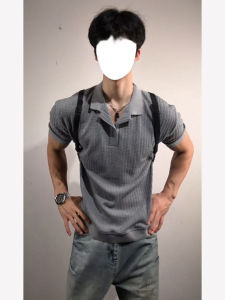 OUMULONG | Textured Vertical Stripe Polo Shirt Summer Relief Texture