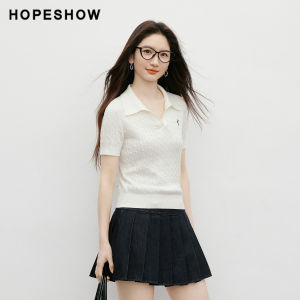 HOPESHOW | Candy Knit Embroidery Polo Neck Silky Sweater