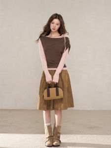 YIKEXIAOYEMEI | Chân Váy Vintage Màu Khaki Thắt Lưng Cao