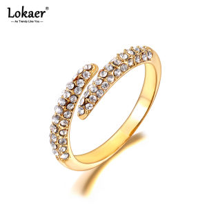 Lokaer Luxury Shiny Cubic Zirconia Exquisite Stainless Steel Open Ring Adjustable Trendy Waterproof Jewelry anillos mujer R24003