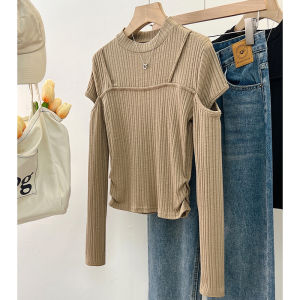 เสื้อยืดคอกลมแขนยาวทรงสลิมฟิตสำหรับผู้หญิงในฤดูใบไม้ร่วง เสื้อตัวบนเปิดไหล่แบบบาง ชุดทำงานลำลอง สไตล์เรียบง่าย