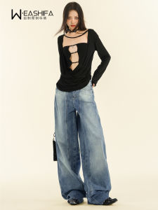 กางเกงยีนส์ขากว้างเอวต่ำทรงหลวมสำหรับผู้หญิง กางเกงขายาวทรงตรงสไตล์อเมริกัน ฤดูใบไม้ผลิ 2024 กางเกงยีนส์ทรงหลวมสไตล์ย้อนยุค