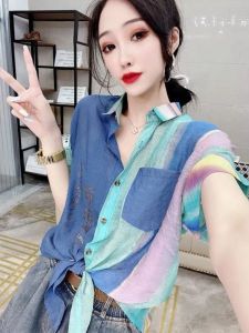 European Station Chiffon Blouses for Women Summer Thin Loose Plus Size Lace-up Rhinestone Gradient Color Shirt European Goods Print Shirt