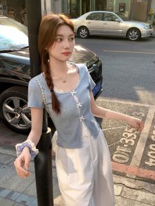 Áo Thun Tay Ngắn Ren Ngọt Ngào Mùa Hè Cho Nữ Áo Ngắn Vai Nơ Bướm Dáng Ôm Chất Liệu Cotton Phong Cách Ngọt Ngào Mùa Hè