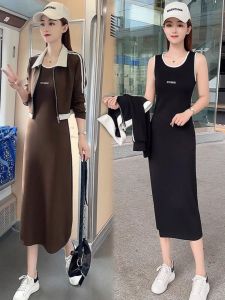 ชุดเดรสยาวปานกลาง ชุดสองชิ้น ผ้าฝ้าย แขนยาว ทรงเอ ช่วงคอปก สไตล์ลำลอง แฟชั่น ฤดูใบไม้ผลิและฤดูใบไม้ร่วง