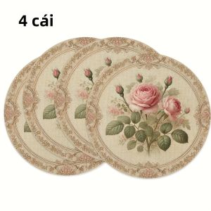 Bộ 4 Miếng Lót Ly Hoa Hồng Cổ Điển VIKAMA Chất Liệu Polyester Không Dệt Chống Thấm Nước Trang Trí Bàn Ăn Phụ Kiện Cho Nhà Hàng Kiểu Tây & Các Buổi Tụ Họp Gia Đình