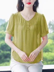 QIAOXIZI | Fashionable Loose Cotton Linen Short Sleeve Blouse for Women