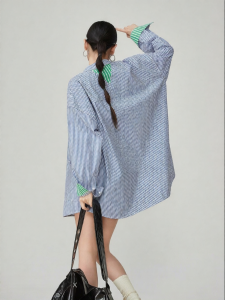 XIAODADEHUA | Blue Striped Loose Design Shacket