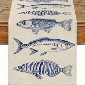 1 Piece Ocean-Themed Tablecloth with Vibrant Sea Fish Patterns - Blue and White Striped Fish Design Perfect for Beach Parties