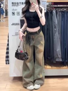 กางเกงยีนส์ทรงหลวมเอวสูงสไตล์อเมริกันย้อนยุคสำหรับผู้หญิง กางเกงขายาวทรงตรงทรงหลวม กางเกงยีนส์ทรงหลวมสำหรับผู้หญิง