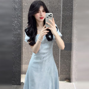 Váy chữ A màu xanh lam tay ngắn cổ vuông cho nữ mùa hè 2025 Váy midi thon gọn cạp cao phong cách ngọt ngào thường ngày