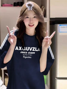 Áo Thun Tay Ngắn Màu Xanh Lam Cho Nữ Học Sinh Trung Học Mùa Hè Thiết Kế Mới Phong Cách Mỹ Cổ Điển Thời Trang Sọc Áo Thun Cotton