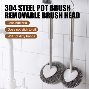 Stainless Steel Pot Brush Cleaning Dish BrushCookware Scrubber Brush Heavy Duty with Long HandleGrill BrushHousehold Cleaning Scrubber for Barbecue/Frying/Pan/Pot/Kitchen Sink Cleaning