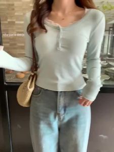 VM 2025เสื้อยืดแขนยาว หวานหวานแหววว ลูกไม้ปักลาย ต้นฤดูใบไม้ร่วงและต้น เสื้อผ้าแฟชั่นผู้หญิง