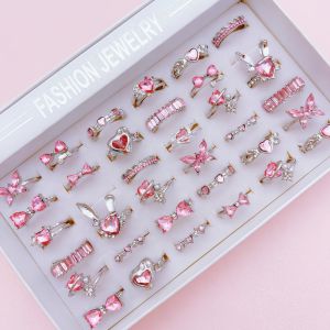 10Pcs Pink Synthetic Zircon Heart Love Butterfly Rings Set For Women Mix Style Fashion Open Adjustion Finger Jewelry Party Gifts