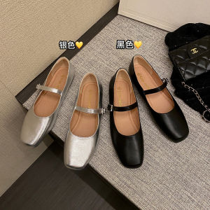 รองเท้า Mary Janes หนังแท้สำหรับผู้หญิง ทรงหัวเหลี่ยม ส้นเตี้ย สายรัดข้างเดียว สีเงิน ทรงหัวมน รองเท้าส้นแบนแบบสวมสบาย