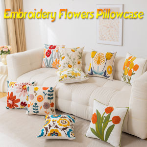 Flower Embroidered Decorative Throw Pillow Cover Cotton Canvas Cushion Case for Sofa Couch Bedroom