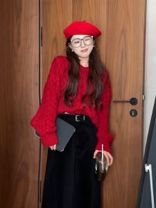 Christmas New Year Loose Thickened Knitted Sweater Womens Autumn Winter Casual Lazy Style Slimming Top Red Color