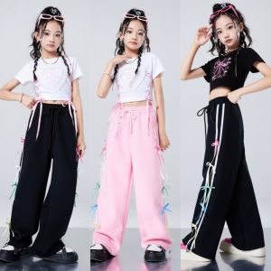 LOlanta Girls Jazz Hip-hop Performance Outfit Graphic Printed Crop Top Ribbon Bow Decorated Jogger Pants Street Dance Costume