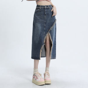 กระโปรงยีนส์ทรงเอเอวสูง กระโปรงทรงเอยาวปานกลาง ดีไซน์ปลายแหลม ไม่สมมาตร สำหรับผู้หญิง สไตล์ย้อนยุค ฤดูร้อน 2025