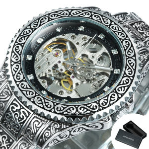 T-WINNER | WINNER Vintage Engraved Skeleton Mechanical Watch for Men Rotating Bezel Stainless Steel Strap Luminous Automatic Mens Watches