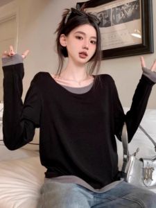 เสื้อยืดแขนยาวหลวมๆ สีดำสไตล์เกาหลีสำหรับผู้หญิง เสื้อชั้นในสีพื้นแบบลำลอง ดีไซน์เฉพาะตัว วัสดุอื่นๆ 100% คุณสมบัติการทนทาน