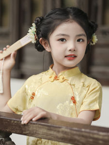 New Chinese Style Midi Dress Childrens Cheongsam Summer New Arrival Girls Hanfu Traditional Costume Polyester Fiber Skirt