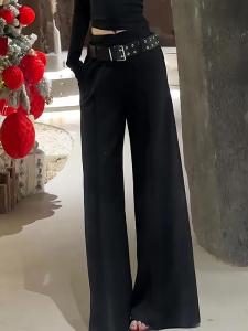 Slimming High Waist Wide Leg Pants Womens Casual Floor Length Draping Style Black Color Versatile Korean Version Commute Style