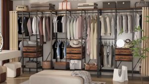 แขวนเสื้อแบบยืน ราวแขวนผ้า ราวแขวนผ้าในห้องนอน ราวแขวนผ้าเหล็ก Heavy Duty Clothes Rack Freestanding Clothing Organizer Stand Dust-proof Curtain Portable Wardrobe with Hanging Rails and Shelves for Cloakroom Bedroom ราวแขวนผ้า พร้อมชั้นวาง ราวแขวนบาร์คู่