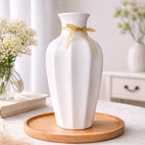 Bình hoa dáng chày khía hàng men trắng cao 24cm đường kính 13cm gốm sứ Bát Tràng dùng cắm hoa giả hoa thật trang trí nhà cửa