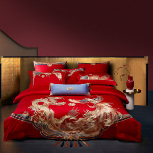 Pure Cotton Embroidered Dragon And Phoenix Wedding Bedding Set 4-Piece Bedding Set Moisture-Wicking Long Staple Cotton Fitted Sheet And Duvet Cover