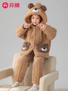 FenTeng Thickened Three-Layer Cotton Coral Fleece Childrens Sleepwear Home Clothes for Girls Autumn Winter Warm Cute Kids Pyjamas