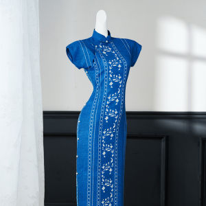 Traditional Blue Cheongsam Slimming Cover Belly Dress