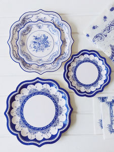 Blue White Porcelain Edged Plate Set Afternoon Tea Party Plate Chinese Style Festive Decoration Paper Products