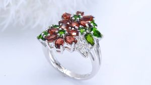 Lohaspie Jewelry Real 5 Carats 925 silver 925 Ring With Big Stone Natural Garnet Chrome Diopside Multicolor Gemstone Ring Garnet Ring For Women Jewelry Gift