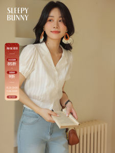 White V-Neck Slimming Thin Summer French Short Sleeve Blouse