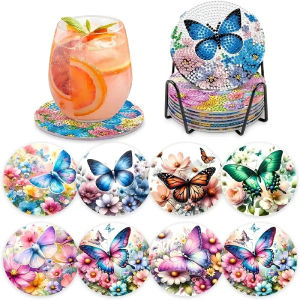 8 pieces of diamond art painting coasters with brackets DIY ocean series diamond art coasters suitable for adults and beginner