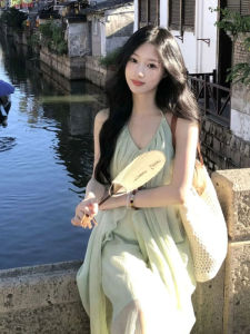 Sweet Beach Vacation Style V-Neck Halter Dress Summer 2026 Womens Fashion Gentle Wind Long Dress Comfortable Loose Waist