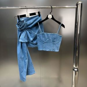 New Summer al Applique Blue Denim Slim Bodycon Half Skirt Women Y2k Sleeveless Camis Crop Top Two Piece Set GH900