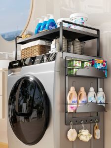 ตู้เสื้อผ้าผูกบนเครื่องซักผ้าแบบโรลเลอร์ ตู้เสื้อผ้าด้านข้างสำหรับใช้ในบ้าน ไม่ต้องเจาะ ชั้นวางสูง ชั้นวางอุปกรณ์ดูแลส่วนตัว วัสดุโลหะ